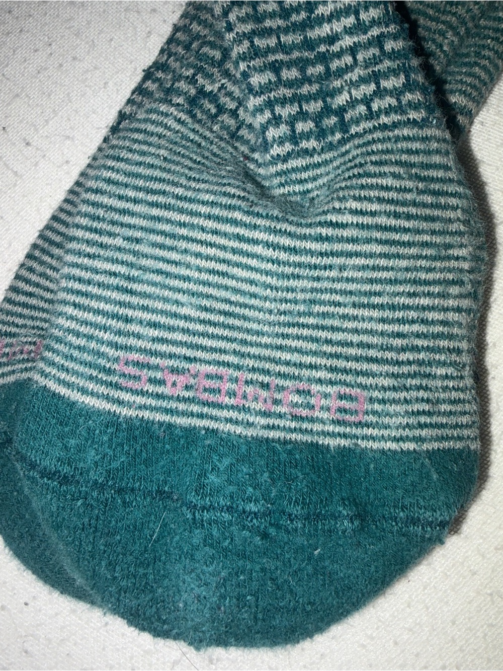 Bombas Teal and Light Gray Striped Dress Socks with Pink Logo